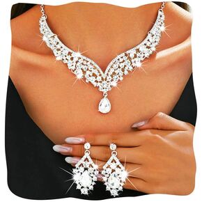Crystal Bridal Jewelry Set Silver Rhinestone Necklace Earrings Wedding Necklaces for Women in Kuwait