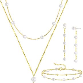 مجموعة مجوهرات اللؤلؤ للنساء أنيقة مطلية بالذهب بطبقات من اللؤلؤ الصناعي قلادة متدلية أقراط متدلية من اللؤلؤ الزجاجي مطرز بسلسلة أساور هدايا عيد الميلاد لوصيفة العروس in Kuwait