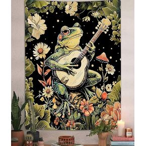 بوهو مضحك الضفدع نسيج عمودي، خمر الأخضر الداكن الأزهار الموسيقى نسيج الجدار شنقا لغرفة النوم الجمالية، الرجعية الهبي المفروشات ملصق بطانية ديكور السكن الجامعي (40X60) in Kuwait