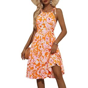 OURIN Women's Spring Summer Halter Neck Spaghetti Tie Strap Sleeveless Floral Sundress Ruffled Flowy Midi Dress in Kuwait