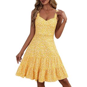 HUHOT فساتين الصيف للنساء 2026 الربيع فستان الشمس فستان بصدر مفتوح لطيف الأزهار عادية ميدي فستان بلا أكمام in Kuwait