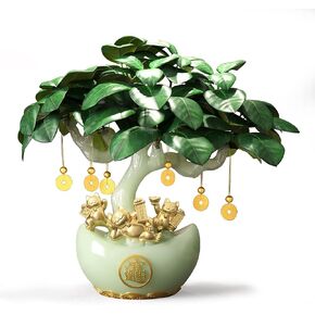 13.8" Chinese Money Tree with Synthetic Jade Base - Large Artificial Tree Feng Shui Wealth Decor with Golden Fortune Cat, Yuanbao Flower Pot & Coin Pendant, for Home & Office Decoration in Saudi Arabia