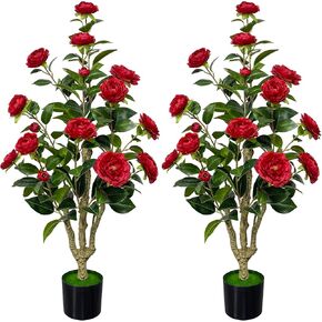 4Ft Artificial Camellia Tree 1 Pack Artificial Plants with Red Flower Pots Faux Camellia Plant for Indoor Outdoor Front Door Patio Christmas Home Decor in Kuwait