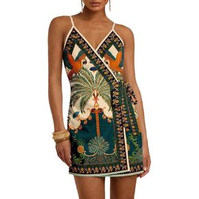 Women's Summer Boho Mini Dress Tropical Print Cami Dresses Wrap V Neck Tie Knot Vacation Beach Short Sundress in Kuwait