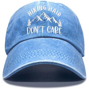 Hiking Hair Don't Care Embroidery Baseball Hats, Adjustable Washed Distressed Sky Blue Ball Cap, Hiking Cap Gifts for Adventure Camping Hiker Lover, Funny Sun Shade Sports Hat for Women Men in Kuwait