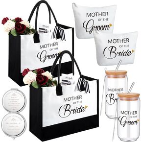 Paterr 8 Pcs Mother of the Bride and Mother of the Groom Gifts Set Canvas Tote Bag Drinking Glass Cups Makeup Bags Mirror in Saudi Arabia