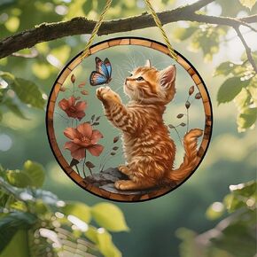 Colorful Acrylic Suncatcher, Kitten Reaching for Butterfly 7-inch Hanging Window Wall Art Decor with Printed Stained Glass Style Design, Gift Idea & Garden Ornament Indoor Outdoor Use in Kuwait