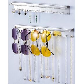 قطعتان من حامل القلادة على الحائط، منظم المجوهرات المعلقة، حامل النظارات الشمسية، عرض منظم القلادة مع 20 خطافًا للمجوهرات لتخزين نظارات السوار والقلائد، فضي in Kuwait