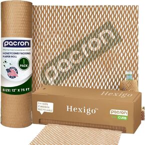 Hexigo Honeycomb Packing Paper Roll - 12"x300' Recyclable Brown Kraft Paper for Wrapping & Packing - Eco-Friendly Expanded Packing Paper in Self-Dispensed Box For Dishes & Kitchen Essentials in Kuwait