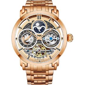Stührling Original Mens Watch Stainless Steel Automatic, Silver Skeleton Dial, Dual Time, AM/PM Sun Moon, Stainless Steel Bracelet, 371B Watches for Men Series in Kuwait