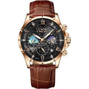 LIGE Waterproof Watches for Men Analog Dress Water Proof Chronograph Work Casual Leather Water-Resistant Lunar Phase Display Quartz Wristwatch with Date & Luminous Men's Wrist Watch in Kuwait