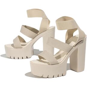 صنادل نسائية بكعب عالٍ مكتنز بنمط فاسق ومنصة مفتوحة عند الأصابع سهلة الارتداء بحزام الكاحل المطاطي in Kuwait