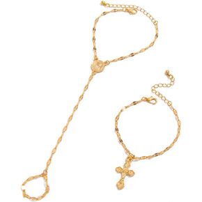 Gold Hand Chain Bracelet for Women Gold Link Chain Adjustable Bracelets Set Layered Cross Link Dainty Finger Ring Trendy Jewelry in Saudi Arabia
