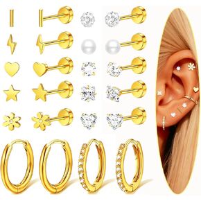 12 Pairs Flat Back Earrings for Women, 18K Gold Plated Hypoallergenic 316L Surgical Steel Earrings, Tiny Studs & Huggie Hoops for Ear Stack, Sensitive Ears & Daily Wear in Saudi Arabia