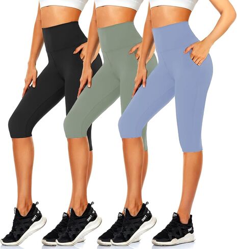 CTHH 3 قطع من سراويل كابري مع جيوب - سراويل يوجا عالية الخصر بطول الركبة، شورتات لراكبي الدراجات النارية للنساء للجري في الصيف in Kuwait