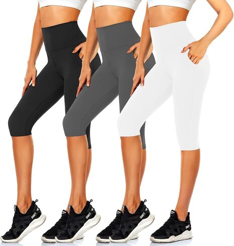 CTHH 3 قطع من سراويل كابري مع جيوب - سراويل يوجا عالية الخصر بطول الركبة، شورتات لراكبي الدراجات النارية للنساء للجري في الصيف in Kuwait
