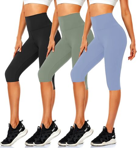 CTHH 3 قطع من سراويل كابري مع جيوب - سراويل يوجا عالية الخصر بطول الركبة، شورتات لراكبي الدراجات النارية للنساء للجري في الصيف in Kuwait