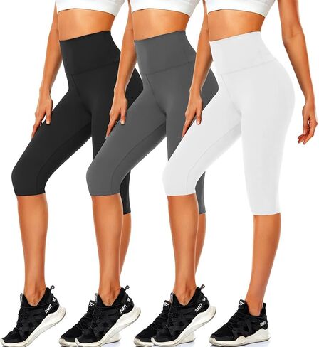 CTHH 3 قطع من سراويل كابري مع جيوب - سراويل يوجا عالية الخصر بطول الركبة، شورتات لراكبي الدراجات النارية للنساء للجري في الصيف in Kuwait