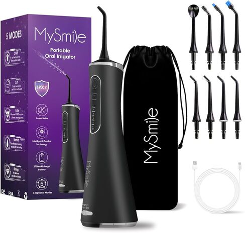 جهاز تنظيف الأسنان المائي المتقدم اللاسلكي MySmile LP211 للأسنان، 5 أوضاع للتنظيف، جهاز تنظيف الأسنان بالطاقة القابلة لإعادة الشحن، 8 رؤوس نفاثة بديلة، جهاز ري الأسنان المقاوم للماء IPX 7 مع حقيبة تخزين محمولة للسفر in Kuwait
