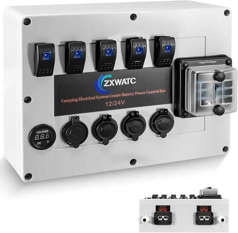 صندوق التحكم في طاقة البطارية 12 فولت/24 فولت للنظام الكهربائي للتخييم، صندوق مصهر 6 اتجاهات، 5 مفاتيح هزازة، الفولتميتر، منافذ USB، مقبس السجائر، مصدر طاقة الكل في واحد DIY للمركبات الترفيهية، شاحنة صغيرة، دفع رباعي ومظلة in Kuwait