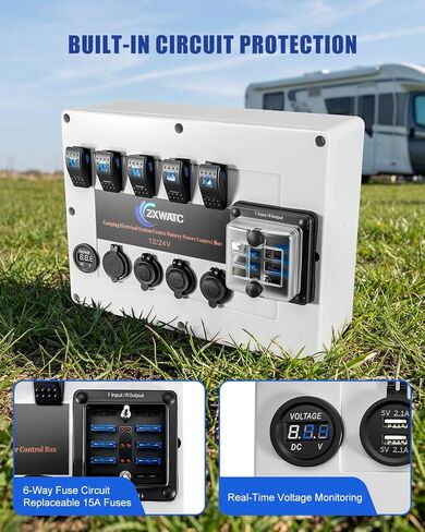 صندوق التحكم في طاقة البطارية 12 فولت/24 فولت للنظام الكهربائي للتخييم، صندوق مصهر 6 اتجاهات، 5 مفاتيح هزازة، الفولتميتر، منافذ USB، مقبس السجائر، مصدر طاقة الكل في واحد DIY للمركبات الترفيهية، شاحنة صغيرة، دفع رباعي ومظلة in Kuwait