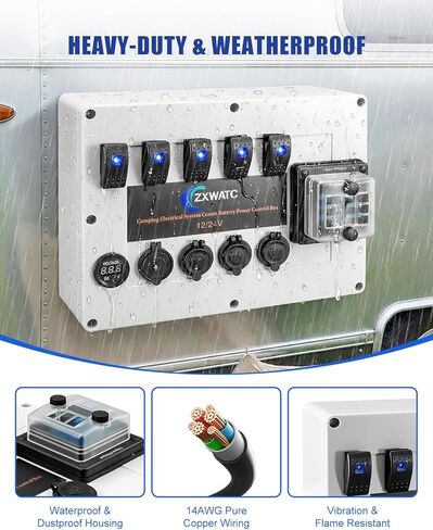 صندوق التحكم في طاقة البطارية 12 فولت/24 فولت للنظام الكهربائي للتخييم، صندوق مصهر 6 اتجاهات، 5 مفاتيح هزازة، الفولتميتر، منافذ USB، مقبس السجائر، مصدر طاقة الكل في واحد DIY للمركبات الترفيهية، شاحنة صغيرة، دفع رباعي ومظلة in Kuwait