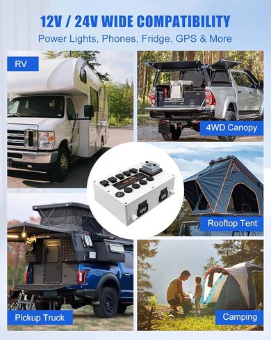 صندوق التحكم في طاقة البطارية 12 فولت/24 فولت للنظام الكهربائي للتخييم، صندوق مصهر 6 اتجاهات، 5 مفاتيح هزازة، الفولتميتر، منافذ USB، مقبس السجائر، مصدر طاقة الكل في واحد DIY للمركبات الترفيهية، شاحنة صغيرة، دفع رباعي ومظلة in Kuwait