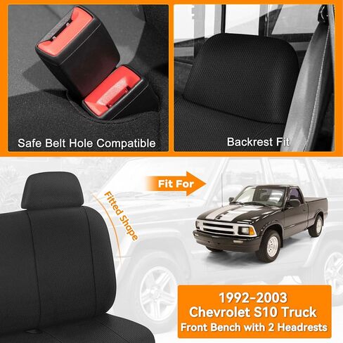 Front Bench Seat Cover Compatible with 1992-2003 Chevy S10 with 2 Headrests, Heavy Duty Knitted Sponge Fabric, Black in Saudi Arabia