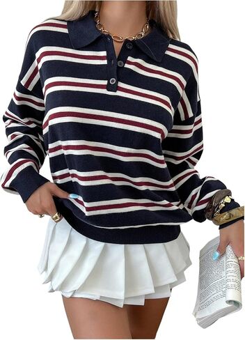 Milumia Women's Y2k Striped Knit Sweater Tops Collared Long Sleeve Rugby Shirt Streetwear in Saudi Arabia