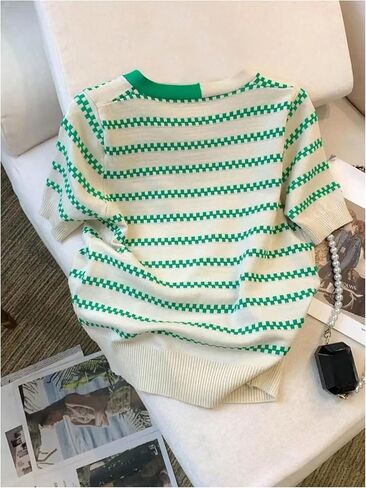 WDIRARA Women's Striped Short Sleeve Sweater Bow Tie Neck Color Block Tee Knit Pullover Tops in Saudi Arabia