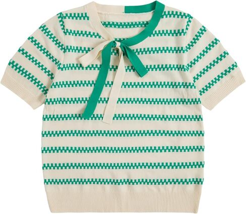 WDIRARA Women's Striped Short Sleeve Sweater Bow Tie Neck Color Block Tee Knit Pullover Tops in Saudi Arabia