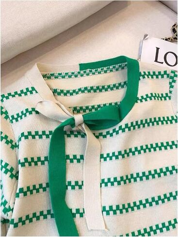 WDIRARA Women's Striped Short Sleeve Sweater Bow Tie Neck Color Block Tee Knit Pullover Tops in Saudi Arabia