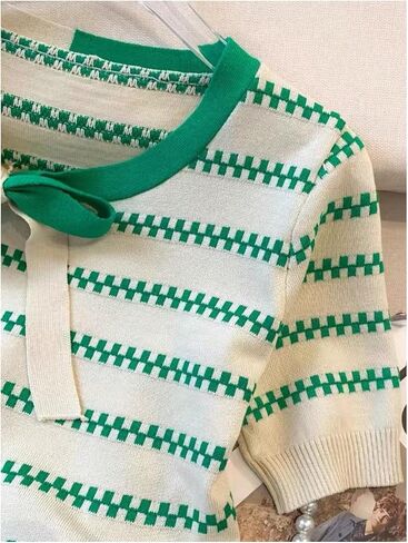 WDIRARA Women's Striped Short Sleeve Sweater Bow Tie Neck Color Block Tee Knit Pullover Tops in Saudi Arabia