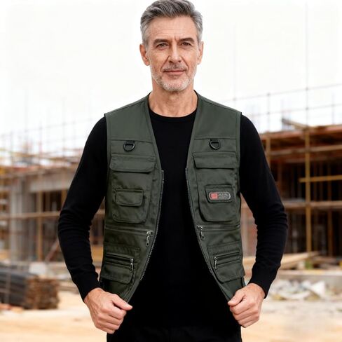 1PC Men's Heavy Duty Lined Vest with 10 Pockets, Warm Padded Sleeveless Jacket for Fishing, Hiking, Photography, Work Olive Green Large, Green in Saudi Arabia