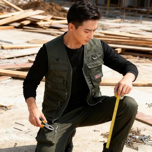 1PC Men's Heavy Duty Lined Vest with 10 Pockets, Warm Padded Sleeveless Jacket for Fishing, Hiking, Photography, Work Olive Green Large, Green in Saudi Arabia