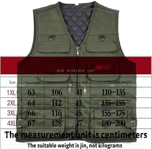 1PC Men's Heavy Duty Lined Vest with 10 Pockets, Warm Padded Sleeveless Jacket for Fishing, Hiking, Photography, Work Olive Green Large, Green in Saudi Arabia