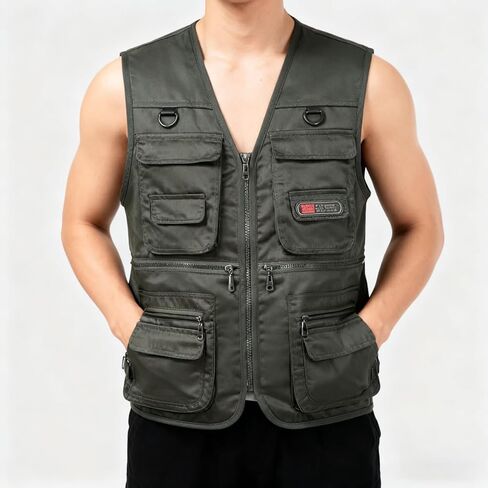 1PC Men's Heavy Duty Lined Vest with 10 Pockets, Warm Padded Sleeveless Jacket for Fishing, Hiking, Photography, Work Olive Green Large, Green in Saudi Arabia