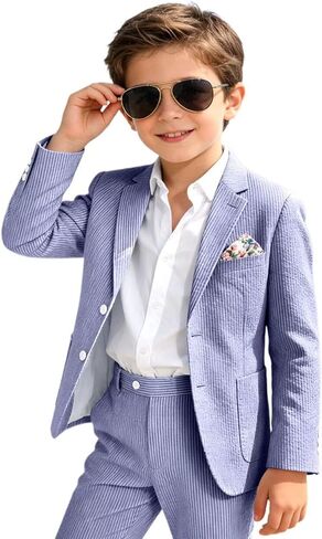 Bofan Seersucker Boys Suit Casual 2 Piece Stripe Suits for Boy Blazer Jackets Pants Summer Beach Wedding Tuxedo Set in Kuwait