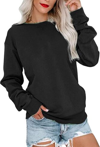 WIWIQS Womens Casual Long Sleeve Sweatshirts Crew Neck Solid Color Pullover Loose Relaxed Fit Tops in Kuwait