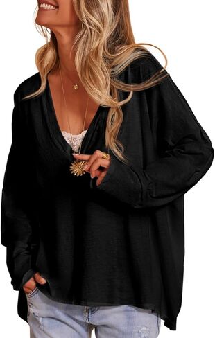 Tankaneo Womens Oversized T Shirts Casual V Neck Batwing Long Sleeve Shirts Loose Fit Tunic Tops in Saudi Arabia