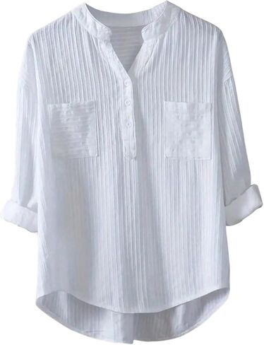Women's Plus Size Long Sleeve Button Up Band Collar Tunic Top Dressy Casual Blouse Shirt in Saudi Arabia