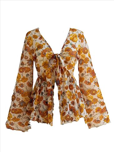 Women's Colorful Floral Print Tie V Neck Blouse Bell Long Sleeve Shirts Trendy Split Tunic Top in Saudi Arabia