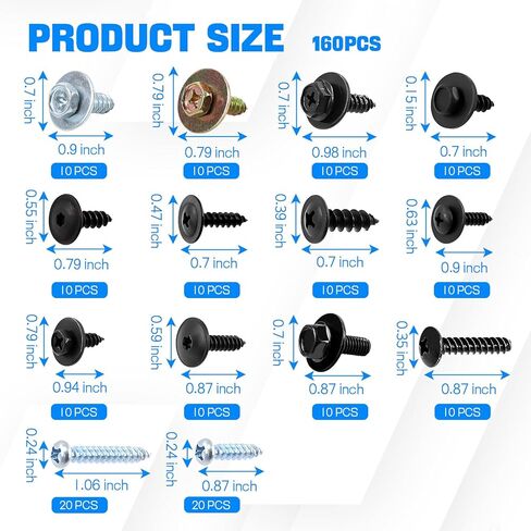 Wuyaoyao 160PCS 14 Sizes Metal Car Screw Body Bumper Hood Retainer Clips with Phillips Round Head Self Tapping Screw Assortment Kit, Fender Liner Splash Shield Screws Fastener for Most Cars in Kuwait