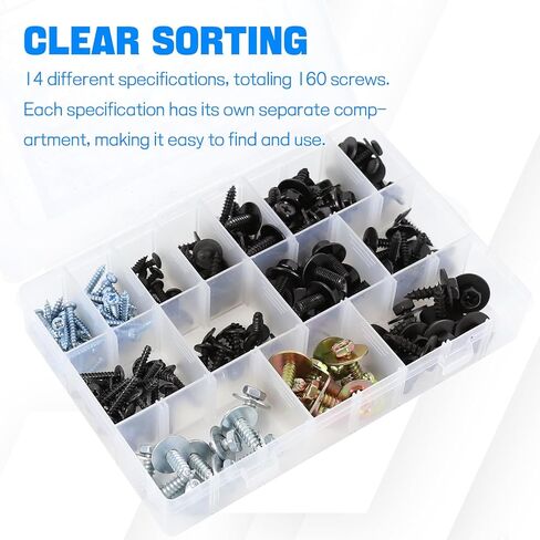 Wuyaoyao 160PCS 14 Sizes Metal Car Screw Body Bumper Hood Retainer Clips with Phillips Round Head Self Tapping Screw Assortment Kit, Fender Liner Splash Shield Screws Fastener for Most Cars in Kuwait