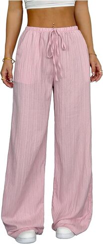 SOLY HUX Women's Wide Leg Pants Tie Front Elastic Waist Baggy Textured Long Pants Trousers with Pockets in Kuwait