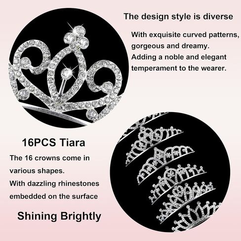 Tiaras for Women Girls 16PCS Sparkly Rhinestone Princess Crown Headband Cute Small Tiara Crown Headbands Set for Birthday Party Costume Wedding Halloween in Saudi Arabia