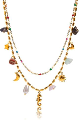Vacation Style 18K Gold Plated Stainless Steel Pearl Heart Seahorse Star Moon Sun Natural Stones Pendants Double Layered Chain Necklace in Kuwait