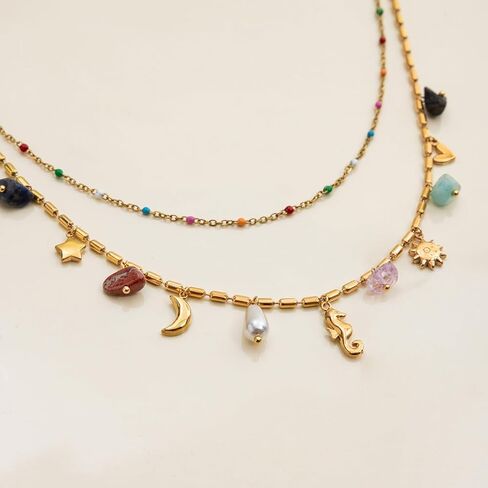 Vacation Style 18K Gold Plated Stainless Steel Pearl Heart Seahorse Star Moon Sun Natural Stones Pendants Double Layered Chain Necklace in Kuwait