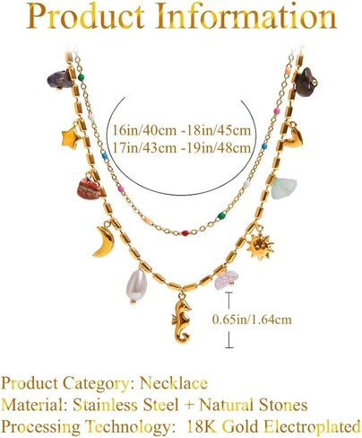 Vacation Style 18K Gold Plated Stainless Steel Pearl Heart Seahorse Star Moon Sun Natural Stones Pendants Double Layered Chain Necklace in Kuwait
