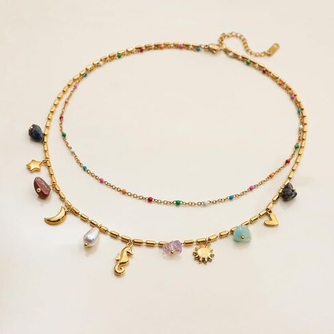 Vacation Style 18K Gold Plated Stainless Steel Pearl Heart Seahorse Star Moon Sun Natural Stones Pendants Double Layered Chain Necklace in Kuwait